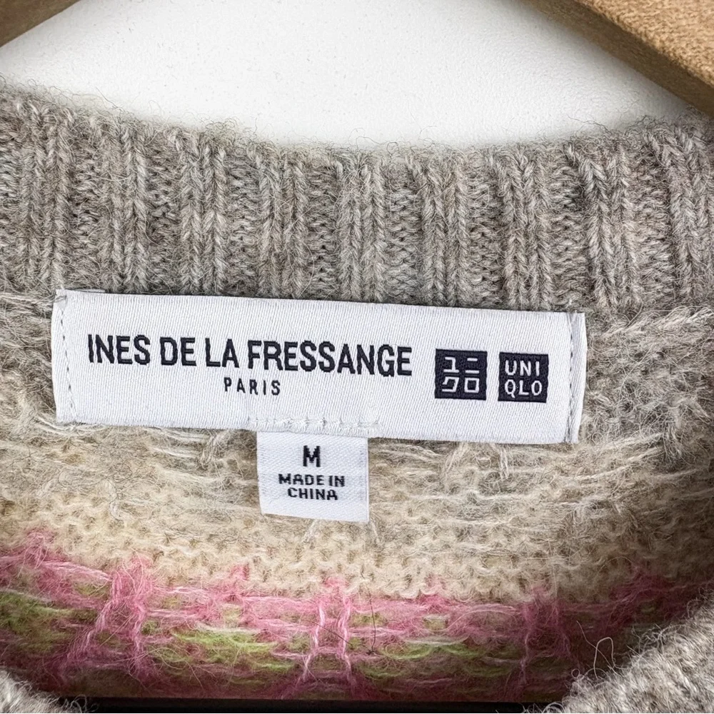 Uniqlo Ines De La Fressange Fair Isle Wool Blend Cardigan Sweater Grey Pink